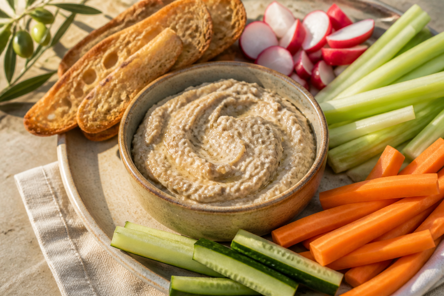 Anchoïade provençale dans un bol avec crudités et pain grillé