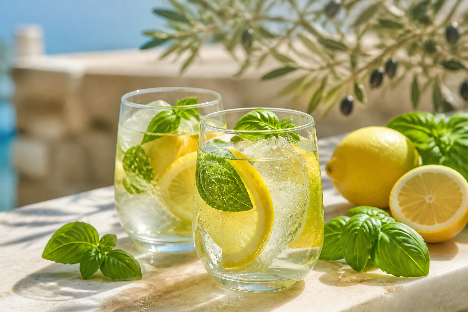 Citronnade maison au basilic servie avec des glaçons et des rondelles de citron