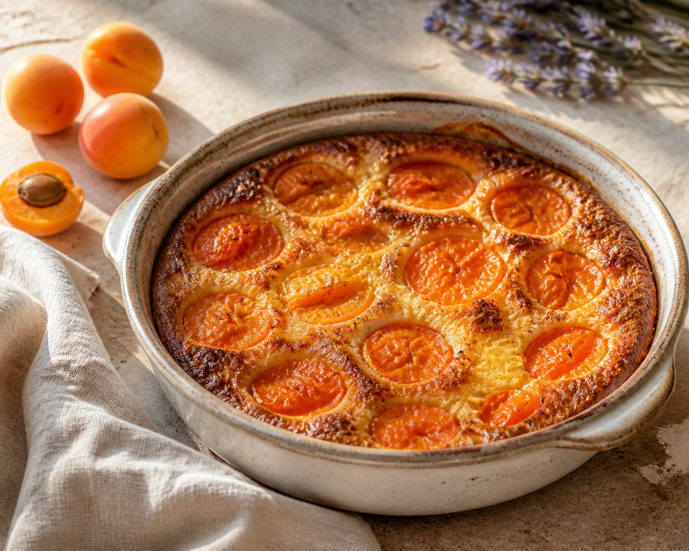 Clafoutis aux abricots doré dans un plat en céramique