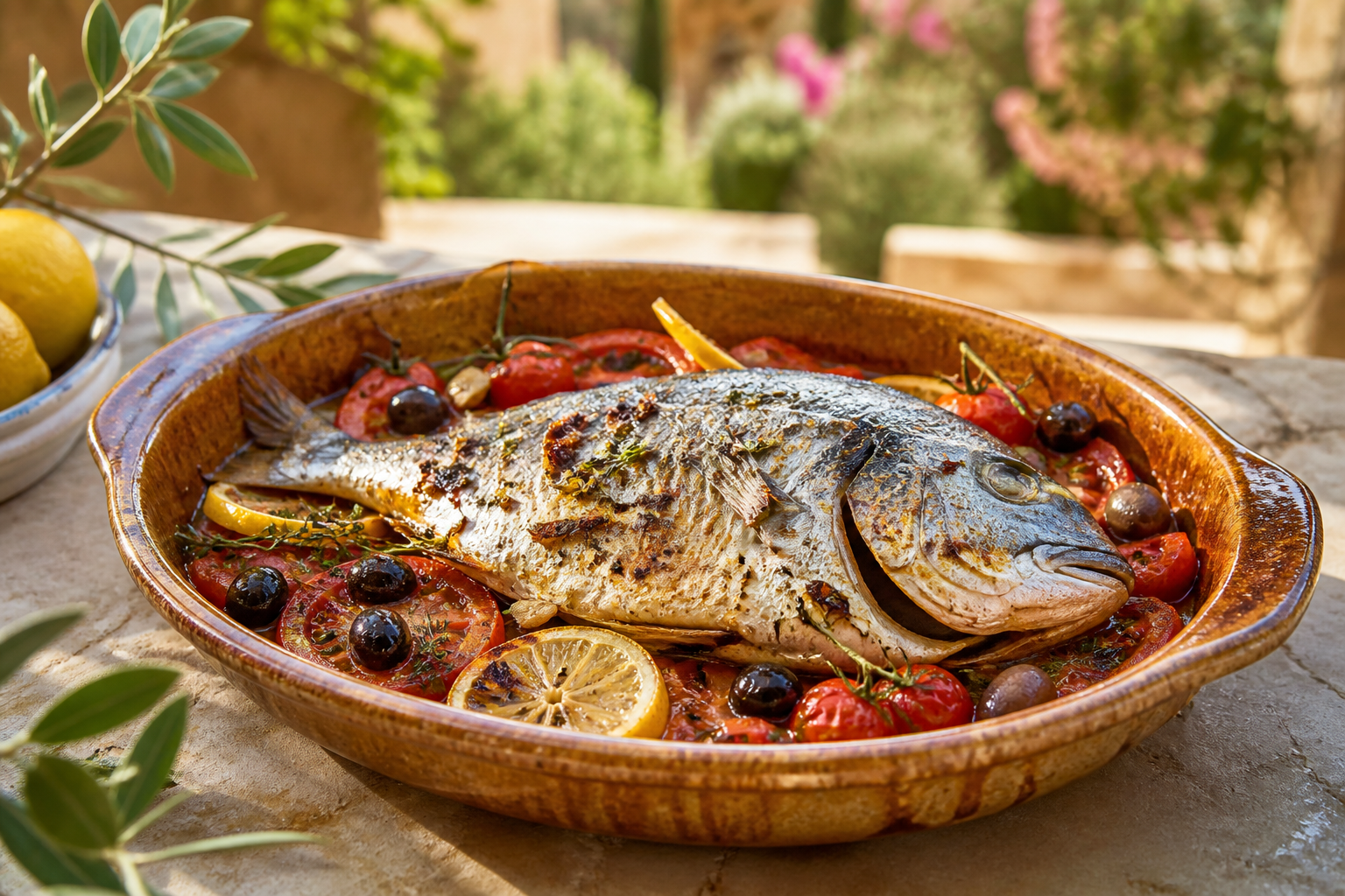 Dorade au four aux tomates, citron et olives