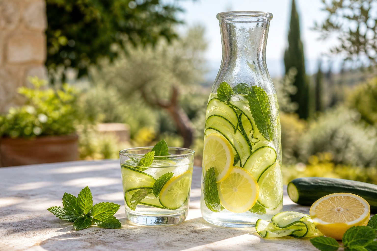 Eau fraîche au concombre, citron et menthe