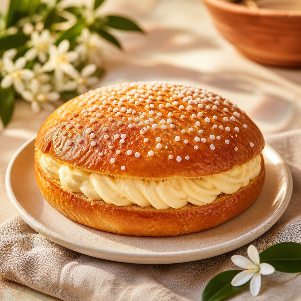 Tarte tropézienne maison garnie de crème à la fleur d’oranger