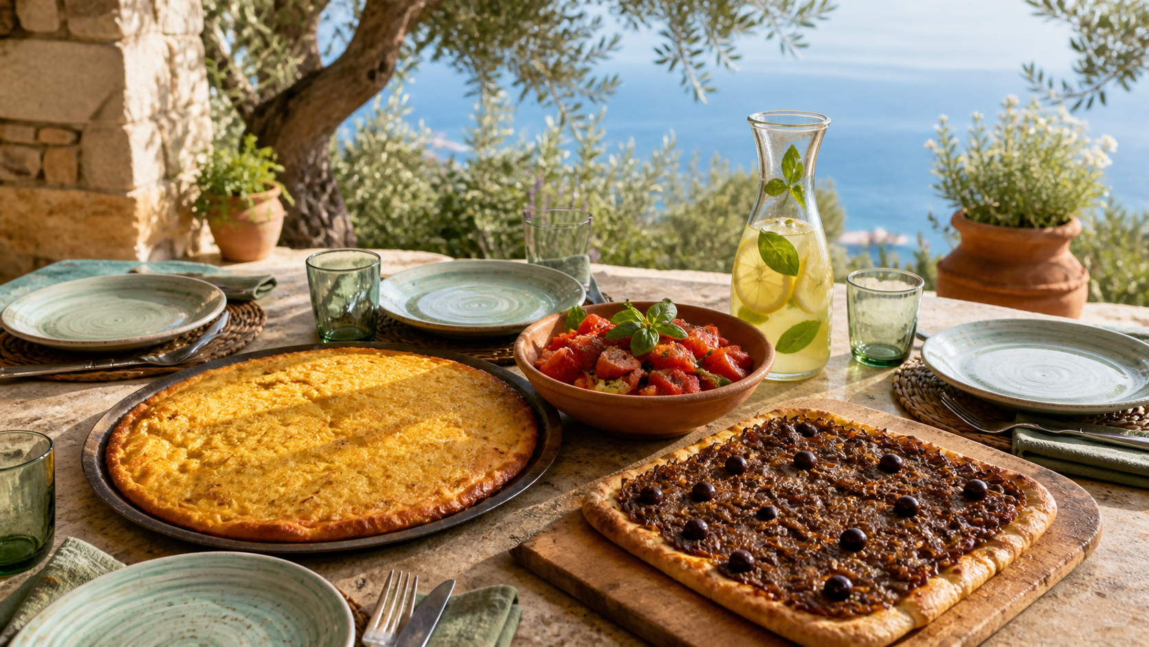Menu niçois pour quatre personnes avec socca, pissaladière, salade de tomates et citronnade