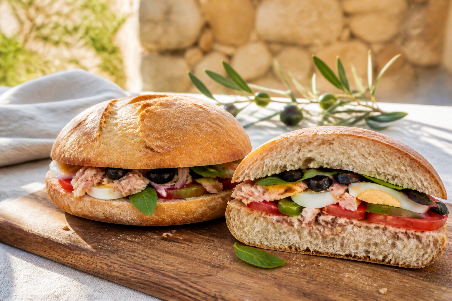 Pan bagnat niçois garni de thon, œuf, tomate, poivron vert et olives noires