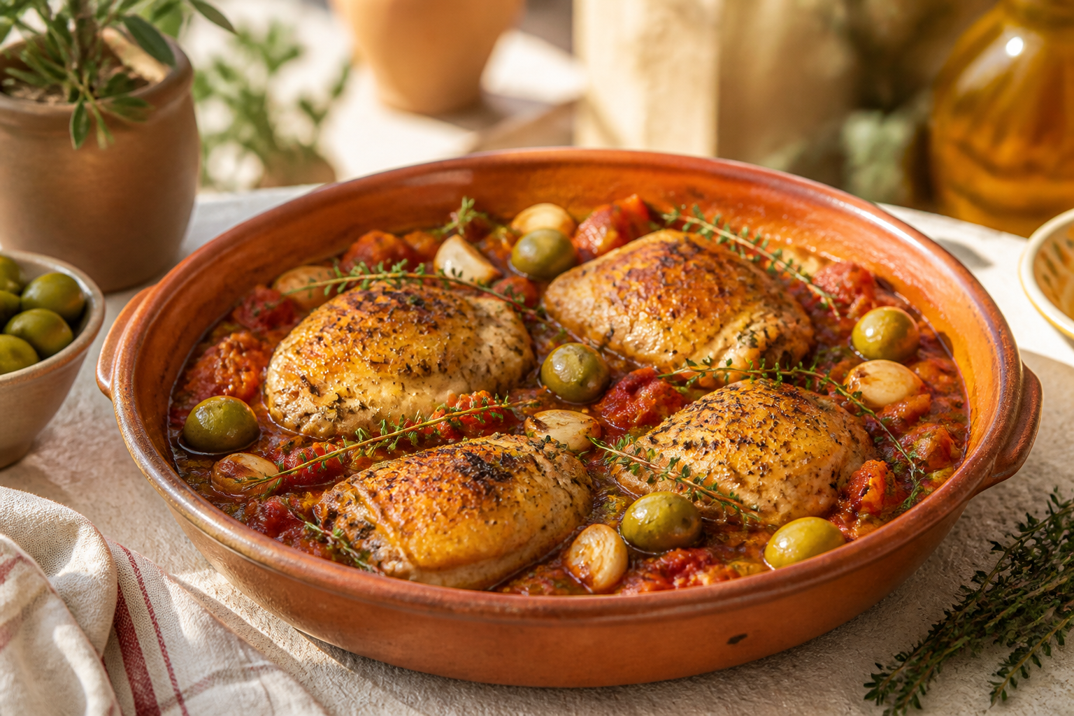 Poulet à la provençale aux tomates, olives et thym dans un plat en terre cuite