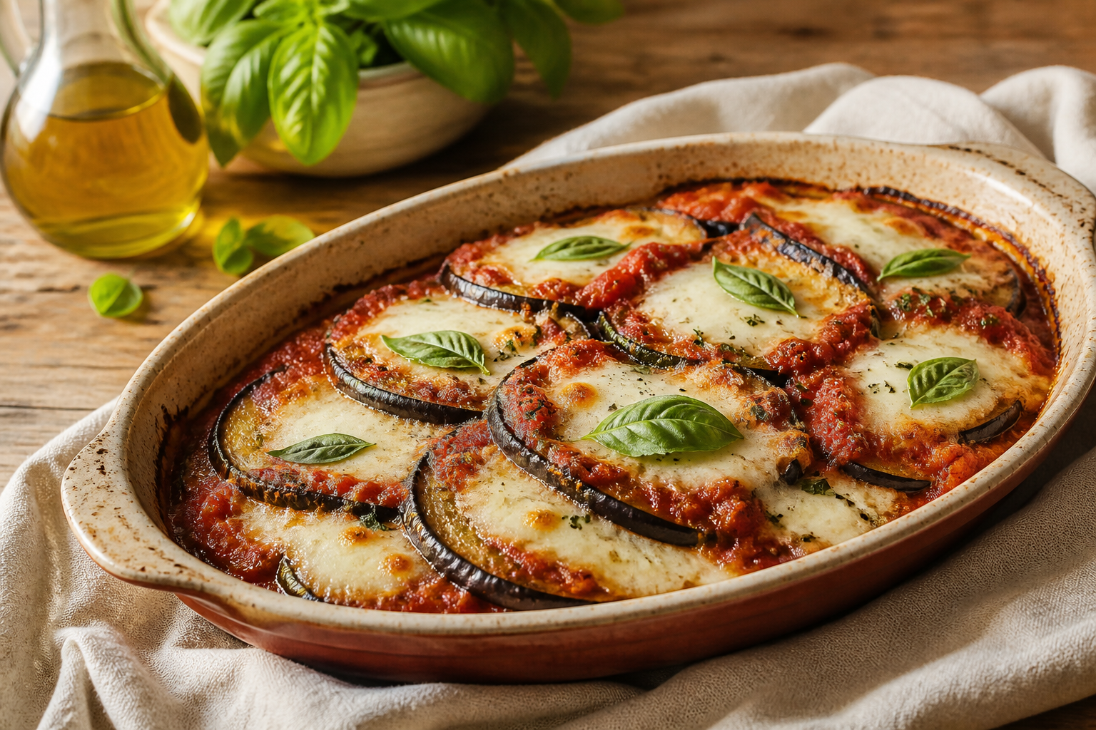 Aubergines à la tomate et mozzarella gratinées dans un plat en céramique