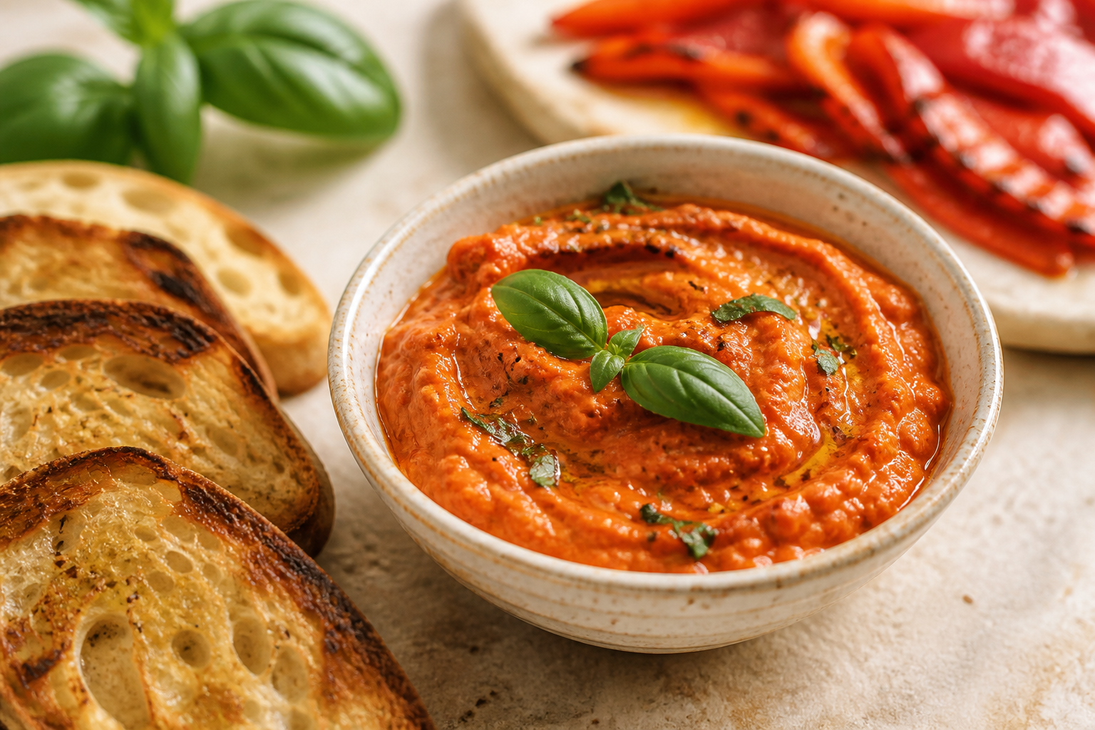 Crème de poivrons rouges au basilic servie avec du pain grillé