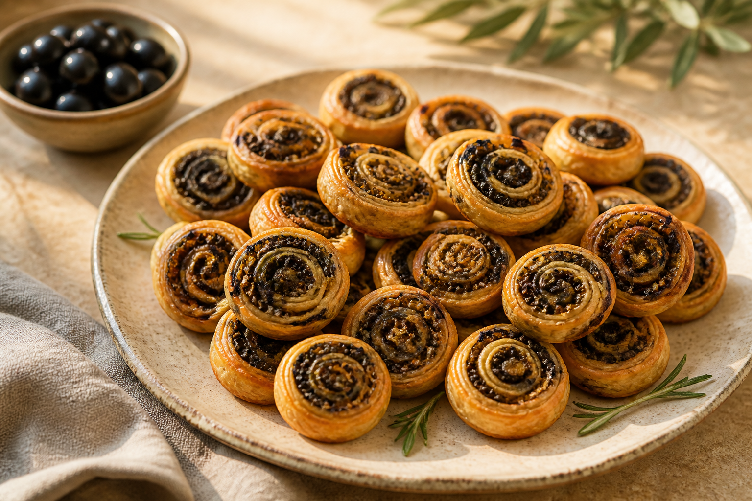 Feuilletés dorés à la tapenade noire servis sur une assiette en céramique