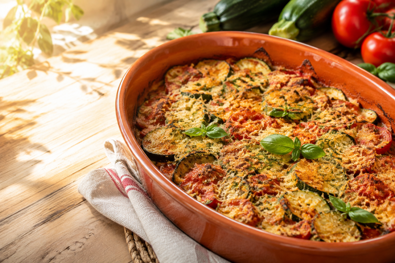 Gratin de courgettes à la provençale doré avec tomate, chapelure et herbes