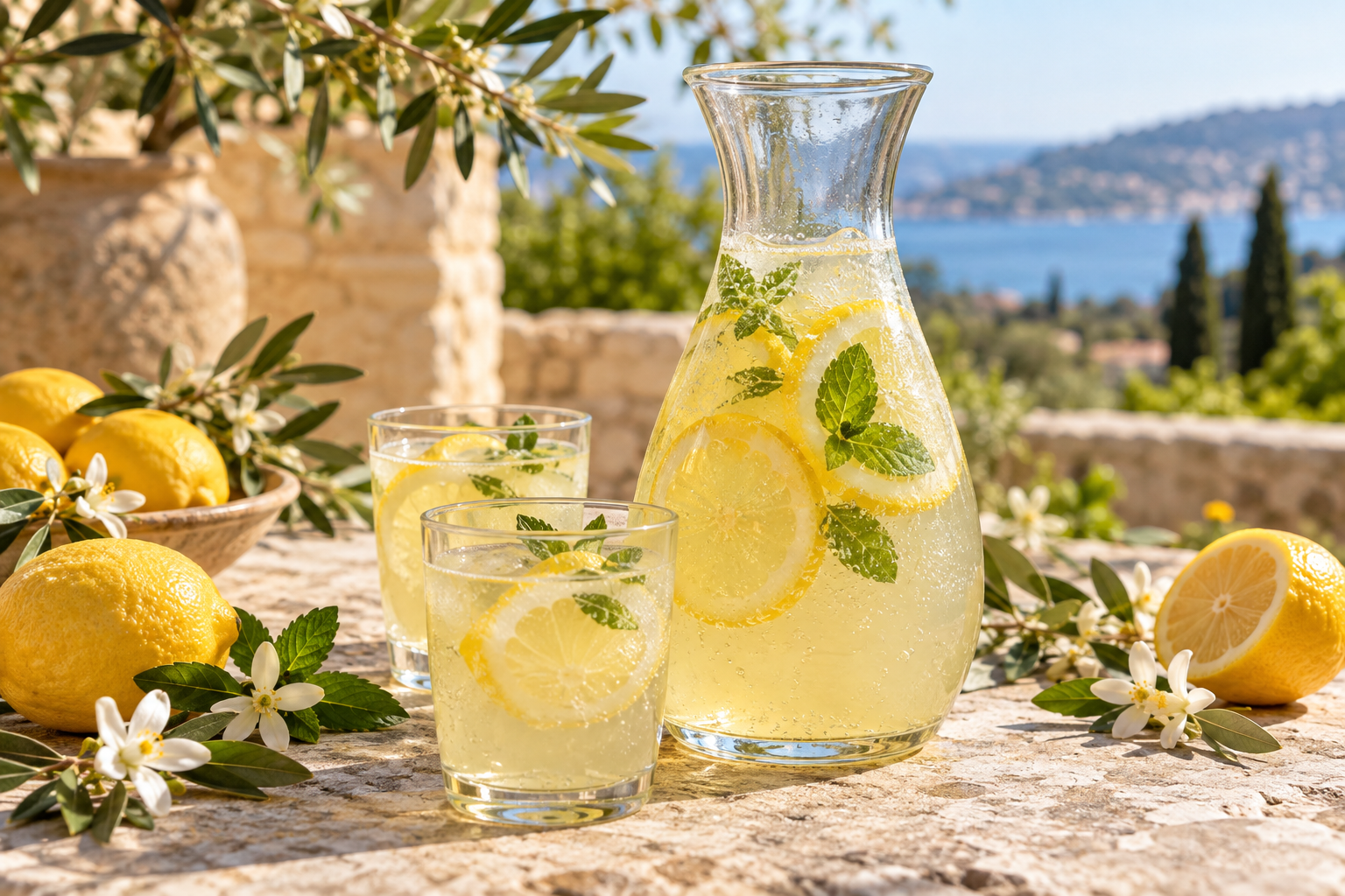 Carafe de limonade maison à la fleur d’oranger avec citrons et menthe