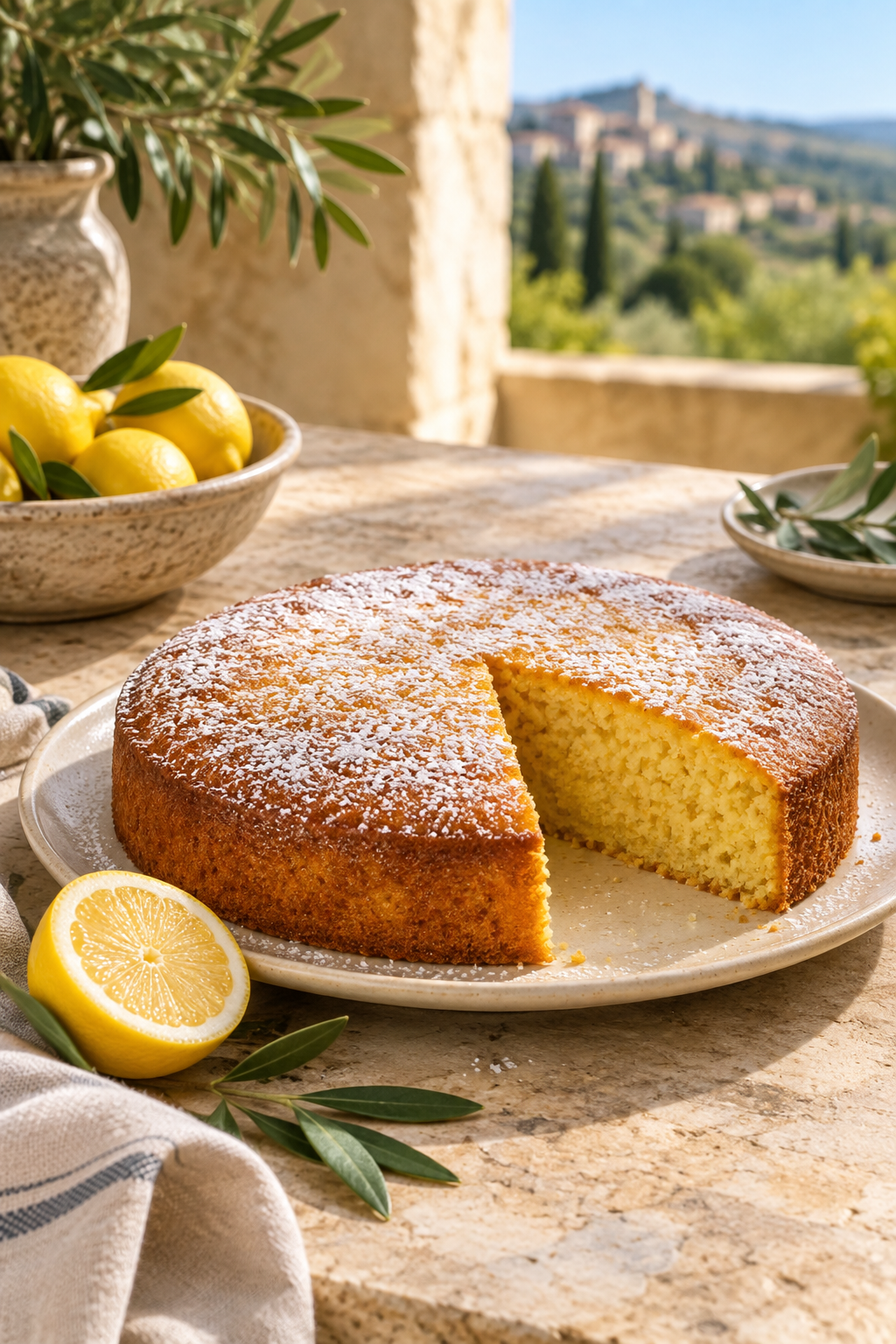 Moelleux au citron et à l’huile d’olive, gâteau doré saupoudré de sucre glace
