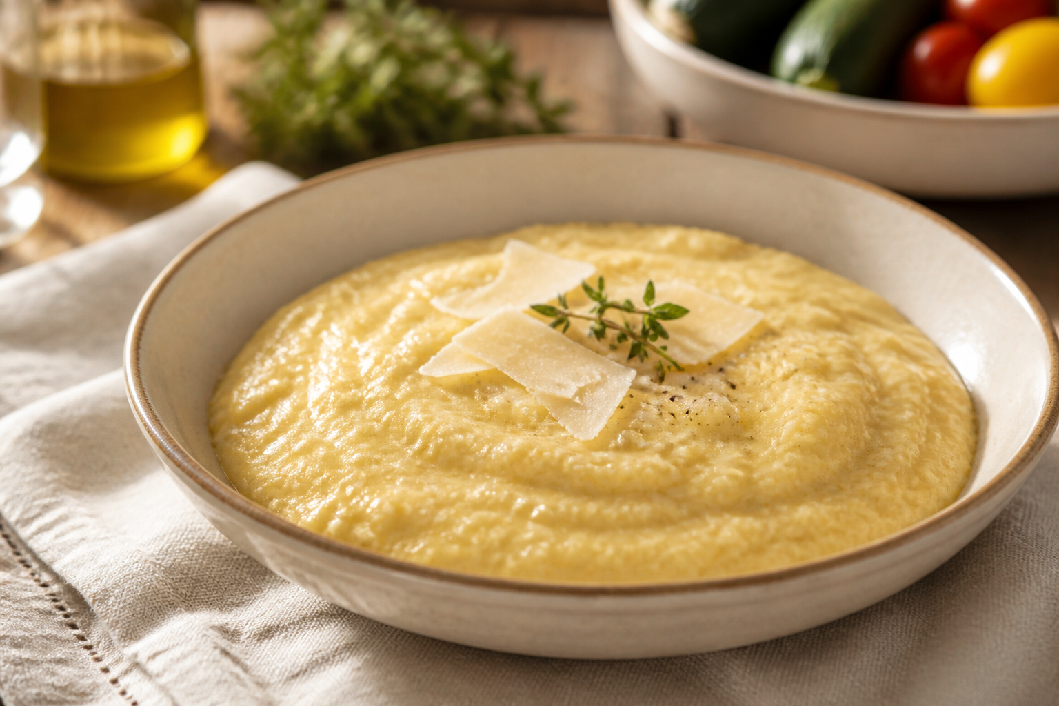 Polenta crémeuse au parmesan dans un bol en céramique, servie avec du thym frais