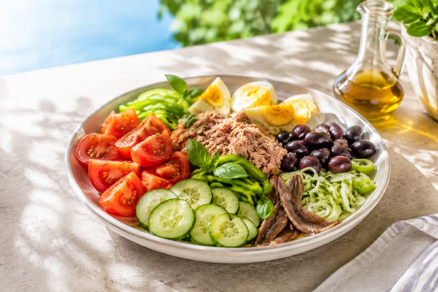 Salade niçoise avec tomates, œufs, thon, olives noires et crudités disposés séparément